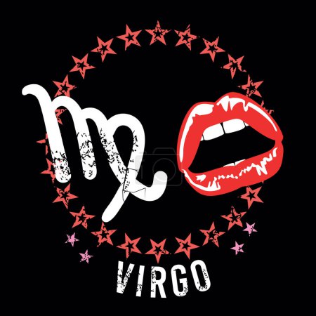 Virgo. T-shirt design of two sensual red lips and the Virgo symbol next to a circle of stars on a black background.