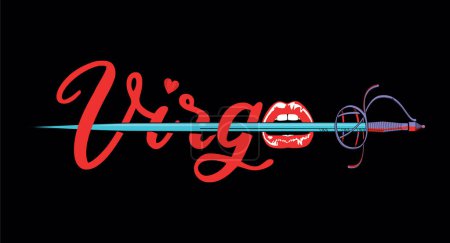 Virgo. T-shirt design of a sensual mouth biting a sword next to the word virgo with red letters and a small heart.
