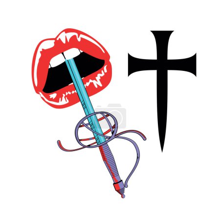 T-shirt design of a medieval cross next to a pair of lips and a sword. Sexy love.