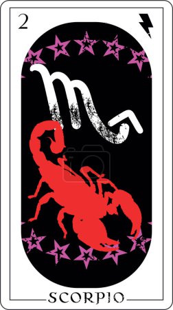 Scorpio. Design of a tarot card with a red scorpion and a black thunder symbol.
