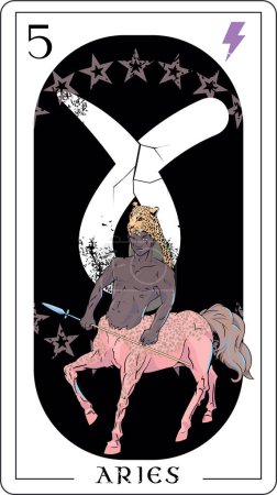 Aries. Tarot card design featuring a pink centaur surrounded by stars.