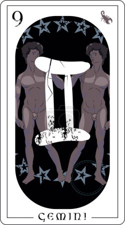 Gémeaux. Carte de divination design de deux hommes noirs nus entourés d'étoiles.
