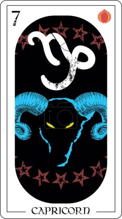 Capricorn. Divination card design with goat head surrounded by stars.