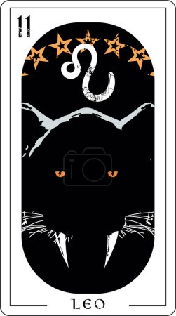 Leo. Divination card design of a saber-toothed tiger surrounded by stars