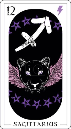 Sagittarius. Sagittarius zodiac sign card with winged panther head and lightning bolt symbol.