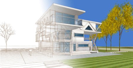 Photo for Modern house architectural color sketch 3d illustration - Royalty Free Image