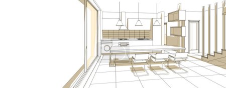 Foto de Interior cocina sala de estar 3d ilustración - Imagen libre de derechos