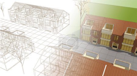 Foto de Boceto de arquitectura, casas adosadas, ilustración 3D - Imagen libre de derechos