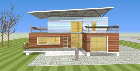 Téléchargez les photos : Esquisse architecturale maison avec silhouette homme, illustration web 3D - en image libre de droit