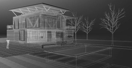 Téléchargez les photos : Esquisse architecturale maison avec silhouette homme, illustration web 3D - en image libre de droit