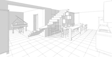 Photo for Interior kitchen living room 3d illustration - Royalty Free Image