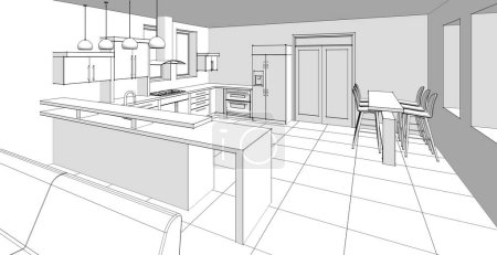 Foto de Interior cocina sala de estar 3d ilustración - Imagen libre de derechos