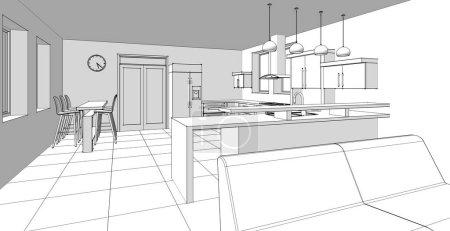 Photo for Interior kitchen living room 3d illustration - Royalty Free Image