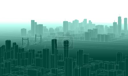 Téléchargez les photos : Panorama de la ville avec des gratte-ciel, rendu 3d - en image libre de droit