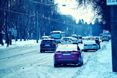 Photo for Cars on street in winter city, urban - Royalty Free Image