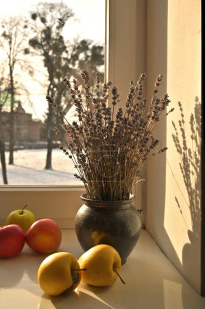 Foto de Manzanas y lavandas en el jarrón del alféizar de la ventana - Imagen libre de derechos