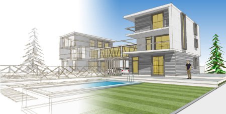 Photo for Modern townhouse sketch 3d illustration - Royalty Free Image