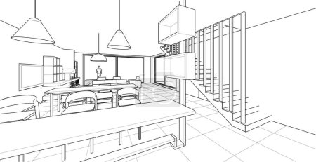Téléchargez les illustrations : Intérieur cuisine salon 3d vecteur illustration - en licence libre de droit