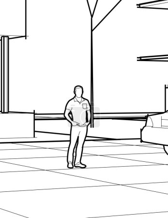Illustration for Man near modern modular building, vector illustration - Royalty Free Image