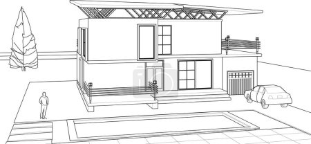 house architectural sketch, 3d web illustration