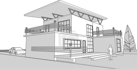 Téléchargez les illustrations : Maison esquisse architecturale, illustration web 3d - en licence libre de droit