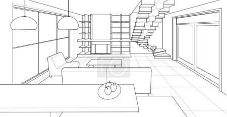 Ilustración de Interior cocina sala de estar 3d ilustración - Imagen libre de derechos