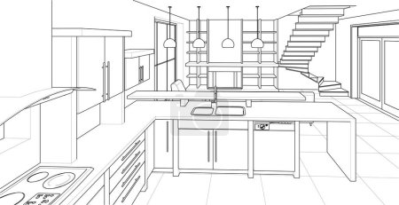 Ilustración de Interior cocina sala de estar 3d ilustración - Imagen libre de derechos