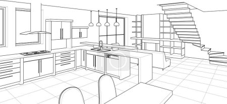 Illustration for Interior kitchen living room 3d illustration - Royalty Free Image