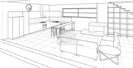 Illustration for Interior kitchen living room 3d illustration - Royalty Free Image