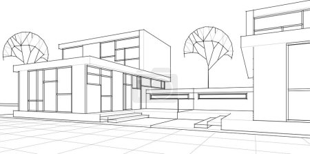 Téléchargez les illustrations : Bâtiment maison esquisse architecturale illustration 3d - en licence libre de droit