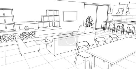 Illustration for House interior sketch. 3d rendering - Royalty Free Image
