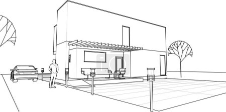 Téléchargez les illustrations : Maison architecture traditionnelle plan 3d illustration - en licence libre de droit