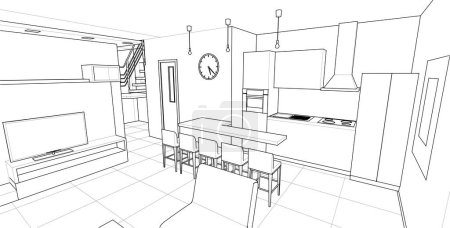Illustration for House interior. Sketch. 3d rendering - Royalty Free Image