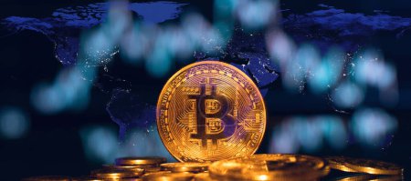 Photo for Bitcoin graphic or chart and world map concept. bitcoin or cryptocurrency trading worldwide. Global economy concept idea background. Elements of this image furnished by NASA - Royalty Free Image