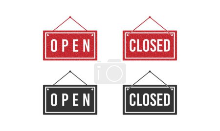 Illustration for Open and close board symbol hanging. Open and close icon. Open and close hanger board icons. Open close sign on wooden board. - Royalty Free Image