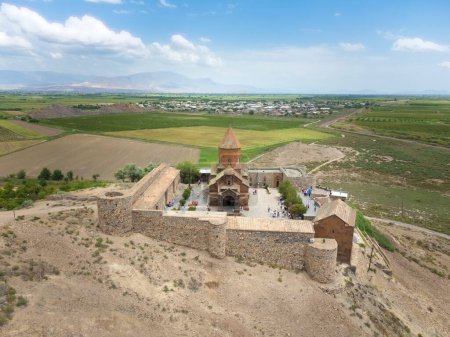 Drone view of Khor Virap Monastery in Armenia on a sunny day