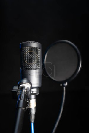 Téléchargez les photos : Gros plan d'un microphone professionnel de studio à condensateur sur fond noir dans un studio de musique. Photo verticale - en image libre de droit