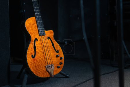 Téléchargez les photos : Gros plan d'un magnifique support de guitare électronique au sol dans le studio, éclairé par la lumière sur la scène, espace de copie - en image libre de droit