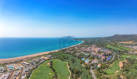 Photo for Aerial photo over the famous sandy deep turquoise and blue exotic beach of Navarino in Messinia, Peloponnese, in Greece - Royalty Free Image