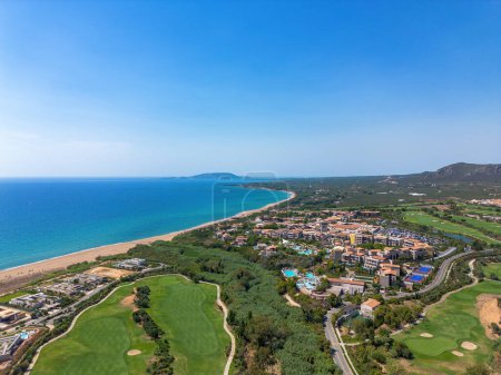 Photo for Aerial photo over the famous sandy deep turquoise and blue exotic beach of Navarino in Messinia, Peloponnese, in Greece - Royalty Free Image