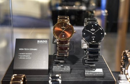 Photo for Rado Luxury Watches For Sale in window Display in Geneva Airport in Switzerland. - Royalty Free Image