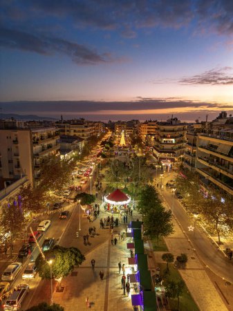 Photo for Aerial view over Aristomenous square in Kalamata city, Greece during Christmas period. Kalamata, Greece. - Royalty Free Image