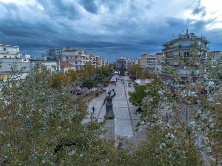 Photo for Aerial view over Aristomenous square in Kalamata city, Greece during Christmas period. Kalamata, Greece. - Royalty Free Image