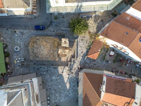 Photo for Aerial view over the 23rd of March Square in the old historical center of Kalamata seaside city, Greece by the Castle of Kalamata, Greece - Royalty Free Image