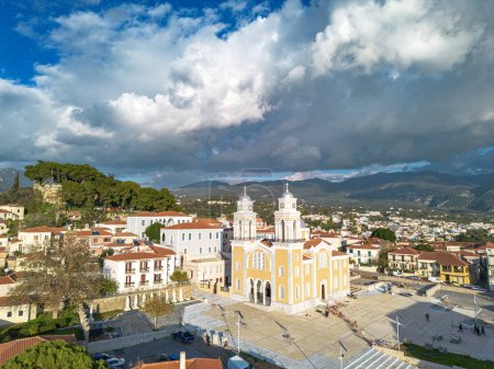 Photo for Aerial view over the old historical center of Kalamata seaside city, Greece by the Castle of Kalamata, Greece - Royalty Free Image