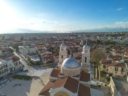 Photo for Aerial view over the old historical center of Kalamata seaside city, Greece by the Castle of Kalamata, Greece - Royalty Free Image