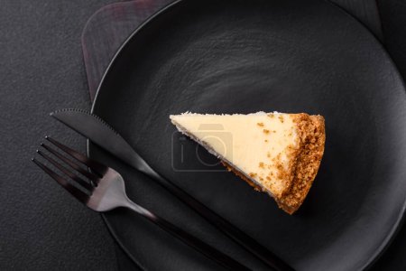 Photo for Delicious sweet cheesecake cake on textured concrete background. Delicious breakfast dessert - Royalty Free Image