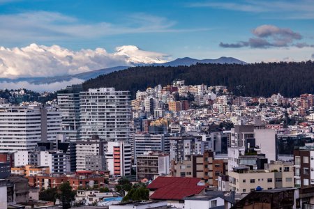Foto de Edificios en la zona norte de la ciudad de Quito con el volcán Cayambe al fondo - Imagen libre de derechos
