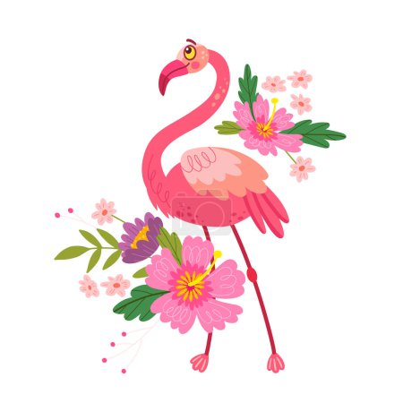 Ilustración de Aves tropicales exóticas, flamencos rosados, flores y hojas,. Elegante impresión floral vector ilustración cartel. - Imagen libre de derechos