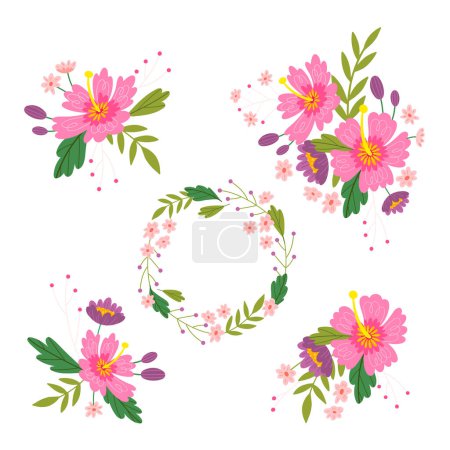Téléchargez les illustrations : Ensemble avec des compositions végétales de fleurs tropicales et de feuilles. Hibiscus rose - en licence libre de droit